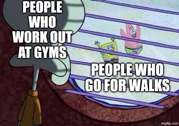 Squidward window | people who work out at gyms; people who go for walks | image tagged in squidward window | made w/ Imgflip meme maker