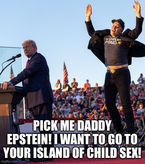 Trump and Jumping Elon | Pick me daddy Epstein! I want to go to your island of child sex! | image tagged in trump and jumping elon | made w/ Imgflip meme maker