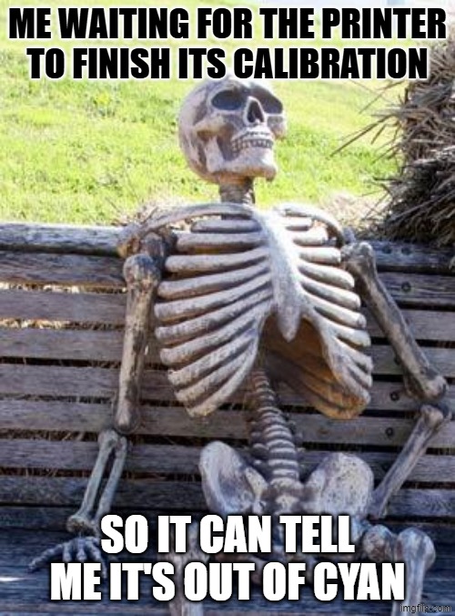 Waiting Skeleton Meme | ME WAITING FOR THE PRINTER TO FINISH ITS CALIBRATION; SO IT CAN TELL ME IT'S OUT OF CYAN | image tagged in memes,waiting skeleton | made w/ Imgflip meme maker