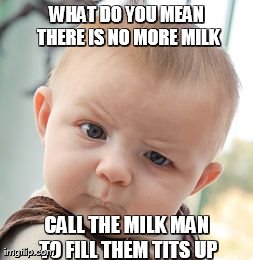 Skeptical Baby | WHAT DO YOU MEAN THERE IS NO MORE MILK CALL THE MILK MAN TO FILL THEM TITS UP | image tagged in memes,skeptical baby | made w/ Imgflip meme maker