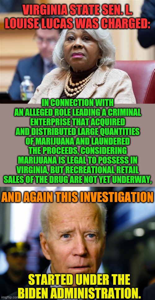More Democrat Criminal Charges | Virginia state Sen. L. Louise Lucas was charged:; in connection with an alleged role leading a criminal enterprise that acquired and distributed large quantities of marijuana and laundered the proceeds, considering marijuana is legal to possess in Virginia, but recreational retail sales of the drug are not yet underway, And again this investigation; Started under the Biden Administration. | image tagged in memes,conservatives,marijuana,big,sales,joe biden confused | made w/ Imgflip meme maker