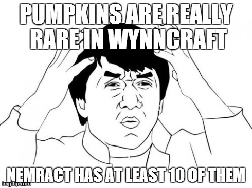 Jackie Chan WTF Meme | PUMPKINS ARE REALLY RARE IN WYNNCRAFT NEMRACT HAS AT LEAST 10 OF THEM | image tagged in memes,jackie chan wtf | made w/ Imgflip meme maker