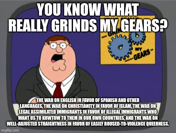 All the world's problems in a nutshell. | You know what really grinds my gears? The war on English in favor of Spanish and other languages, the war on Christianity in favor of Islam, the war on legal assimilated immigrants in favor of illegal immigrants who want us to kowtow to them in our own countries, and the war on well-adjusted straightness in favor of easily roused-to-violence queerness. | image tagged in memes,peter griffin news | made w/ Imgflip meme maker