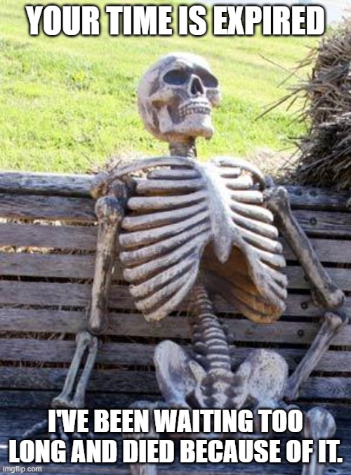 He's dead jim. | Your time is expired; I've been waiting too long and died because of it. | image tagged in memes,waiting skeleton | made w/ Imgflip meme maker
