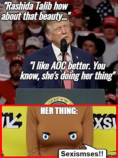 Her thing:; Sexismses!! | image tagged in aoc,donald trump,funny,politics | made w/ Imgflip meme maker