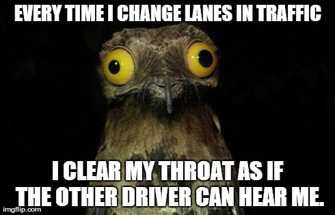 Weird Stuff I Do Potoo | EVERY TIME I CHANGE LANES IN TRAFFIC I CLEAR MY THROAT AS IF THE OTHER DRIVER CAN HEAR ME. | image tagged in memes,weird stuff i do potoo,AdviceAnimals | made w/ Imgflip meme maker