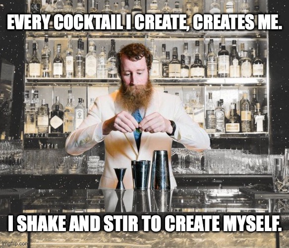 Bartender Octavia Butler makes drinks | Every cocktail I create, creates me. I shake and stir to create myself. | image tagged in garden gnome bartender,creativity,life lessons,life hack,artistic | made w/ Imgflip meme maker