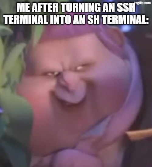 title | me after turning an ssh terminal into an sh terminal: | image tagged in big jack horner being weird | made w/ Imgflip meme maker