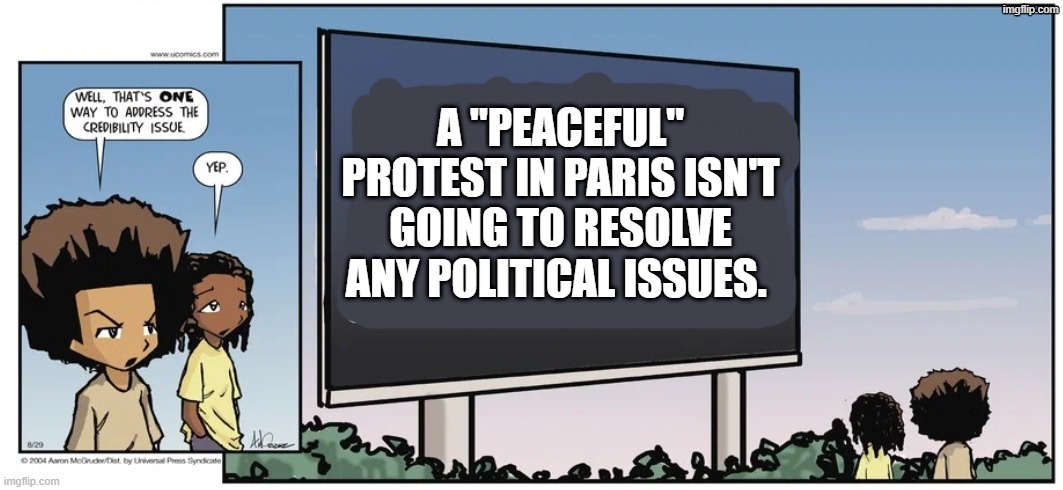Plain and Simple. | A "peaceful" Protest in Paris isn't going to resolve any political issues. | image tagged in the boondocks billboard,memes,politics | made w/ Imgflip meme maker