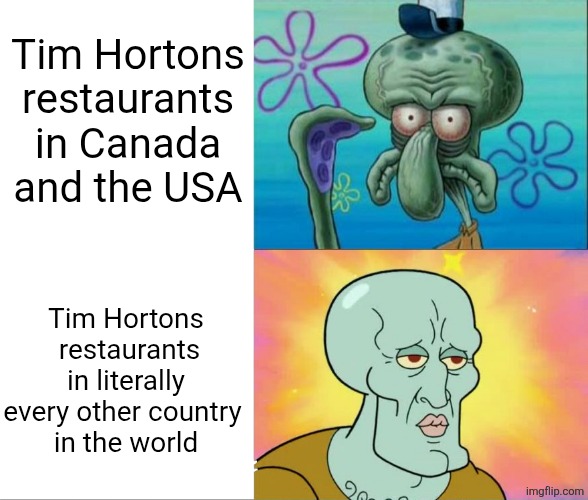 Very ironic how Tim Hortons is shitty in its own country of origin but over-the-top fancy overseas | Tim Hortons restaurants in Canada and the USA; Tim Hortons
 restaurants in literally every other country 
in the world | image tagged in tim hortons,fast food,restaurants,irony,ridiculous,coffee | made w/ Imgflip meme maker
