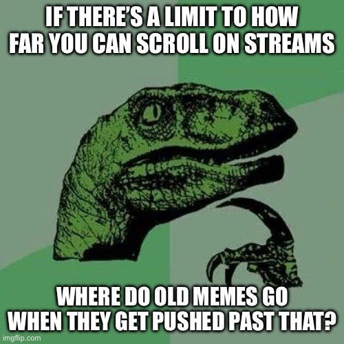 raptor asking questions | If there’s a limit to how far you can scroll on streams; Where do old memes go when they get pushed past that? | image tagged in raptor asking questions | made w/ Imgflip meme maker