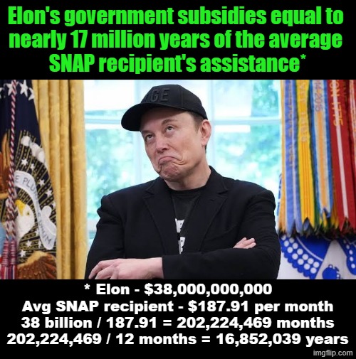 Is Elon Musk the biggest Welfare Queen in history? | Elon's government subsidies equal to 
nearly 17 million years of the average 
SNAP recipient's assistance*; * Elon - $38,000,000,000
Avg SNAP recipient - $187.91 per month
38 billion / 187.91 = 202,224,469 months
202,224,469 / 12 months = 16,852,039 years | image tagged in elon musk,food stamps,snap,maga,welfare | made w/ Imgflip meme maker