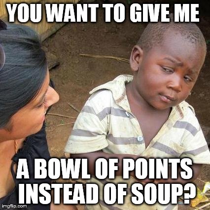 Third World Skeptical Kid Meme | YOU WANT TO GIVE ME  A BOWL OF POINTS INSTEAD OF SOUP? | image tagged in memes,third world skeptical kid | made w/ Imgflip meme maker