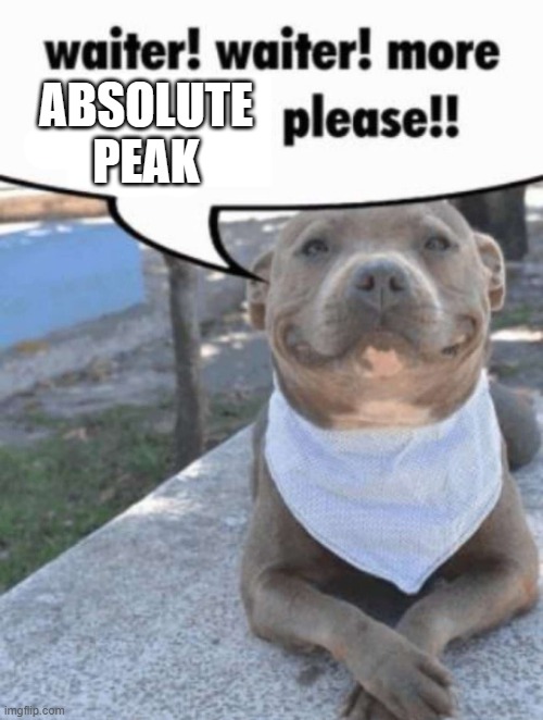 absolute PEAK | image tagged in waiter pit bull | made w/ Imgflip meme maker