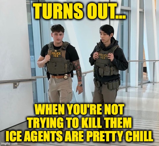ICE Agents | TURNS OUT... WHEN YOU'RE NOT
TRYING TO KILL THEM
ICE AGENTS ARE PRETTY CHILL | made w/ Imgflip meme maker