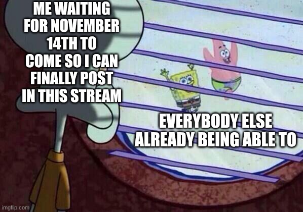 Squidward window | Me waiting for November 14th to come so I can finally post in this stream everybody else already being able to | image tagged in squidward window | made w/ Imgflip meme maker