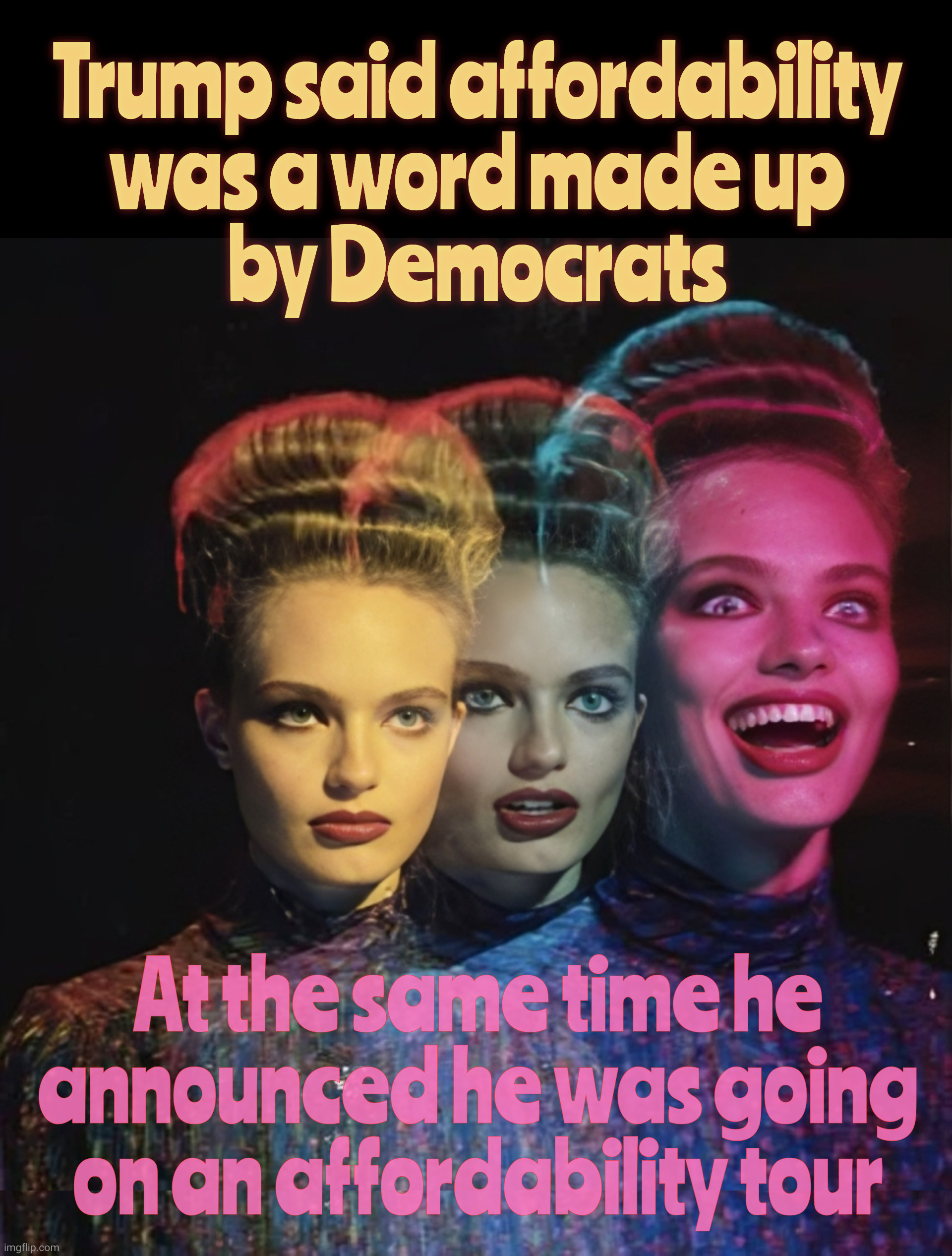 Trump said affordability
was a word made up
by Democrats; At the same time he announced he was going on an affordability tour | image tagged in hardy har har ii | made w/ Imgflip meme maker