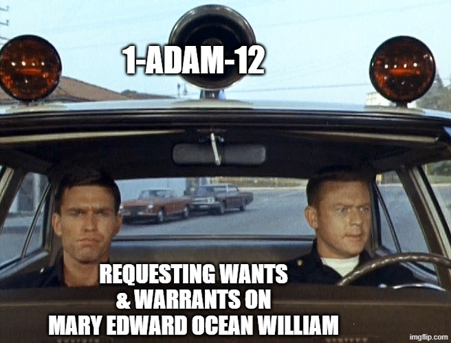 1-Adam-12 | 1-adam-12 requesting wants & warrants on
mary edward ocean william | image tagged in 1-adam-12 | made w/ Imgflip meme maker