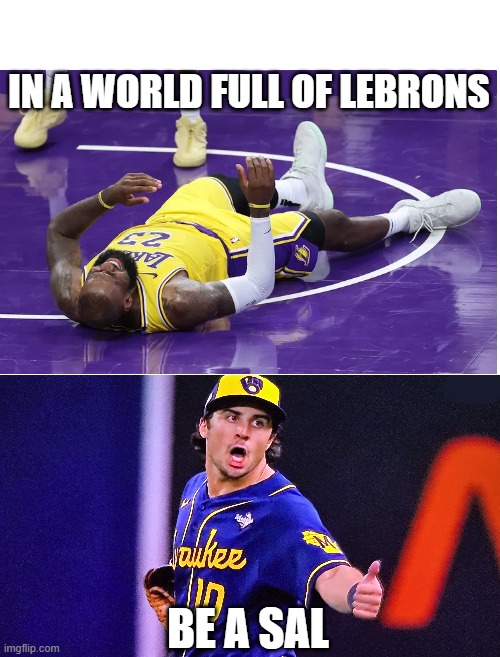 Be a Sal | in a world full of lebrons; be a sal | image tagged in sal frelick,lebron james crying,world series,brewers | made w/ Imgflip meme maker