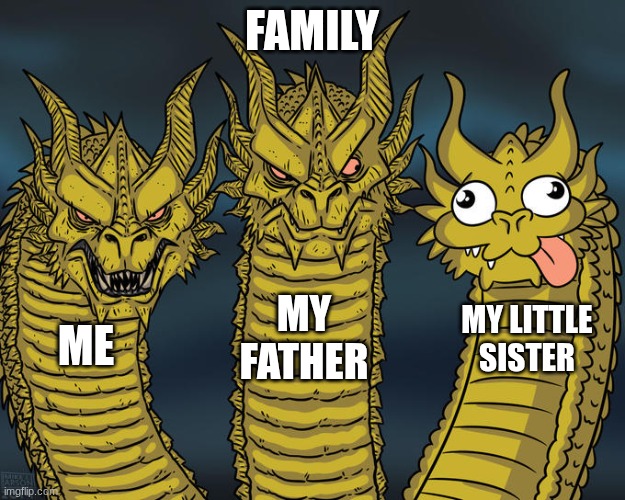 Three-headed Dragon | family; my father; my little sister; me | image tagged in three-headed dragon | made w/ Imgflip meme maker