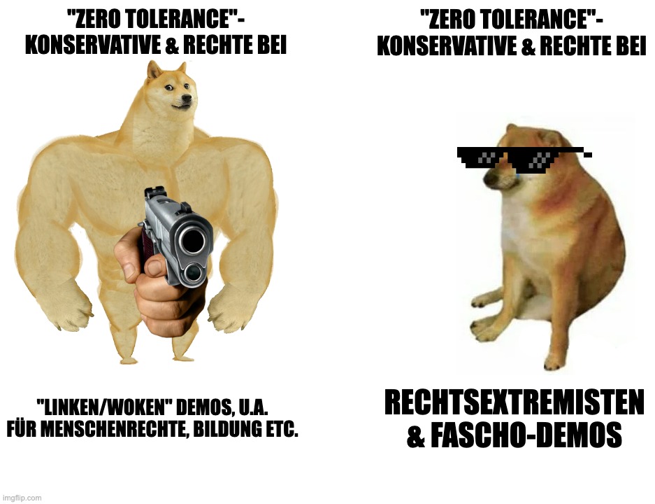 Buff Doge vs. Cheems Meme | "ZERO TOLERANCE"-
KONSERVATIVE & RECHTE BEI; "ZERO TOLERANCE"-
KONSERVATIVE & RECHTE BEI; "Linken/Woken" DEMOS, U.A. FÜR MENSCHENRECHTE, BILDUNG ETC. RECHTSEXTREMISTEN & FASCHO-DEMOS | image tagged in memes,buff doge vs cheems | made w/ Imgflip meme maker