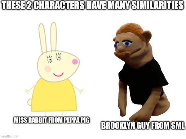 If you know you know | These 2 characters have many similarities; Brooklyn guy from sml; Miss rabbit from Peppa pig | image tagged in sml,brooklyn,guy,peppa pig,miss,rabbit | made w/ Imgflip meme maker