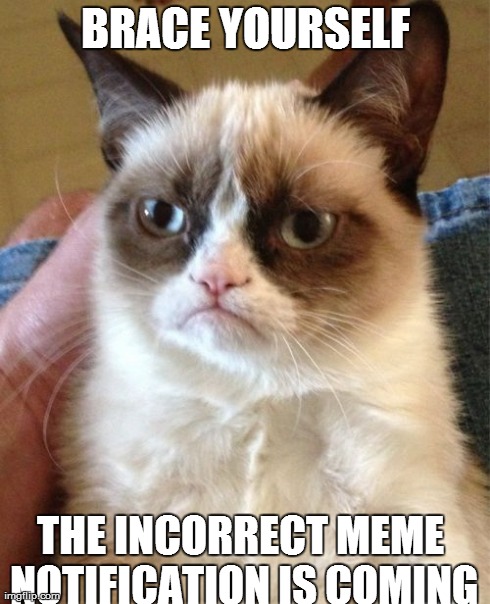 Grumpy Cat | BRACE YOURSELF THE INCORRECT MEME NOTIFICATION IS COMING | image tagged in memes,grumpy cat | made w/ Imgflip meme maker