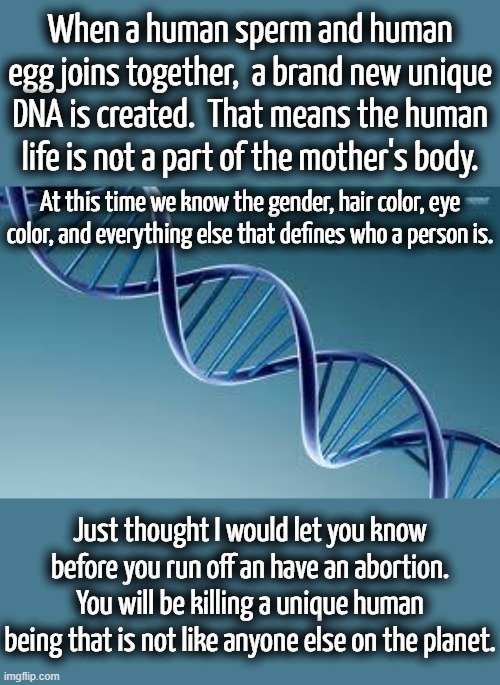 How many other parts of a woman's body has it's own DNA?  NONE.  Therefore, it is not your body, your choice.  It is murder. | When a human sperm and human egg joins together,  a brand new unique DNA is created.  That means the human life is not a part of the mother's body. At this time we know the gender, hair color, eye color, and everything else that defines who a person is. Just thought I would let you know before you run off an have an abortion.
You will be killing a unique human being that is not like anyone else on the planet. | image tagged in dna,not your body and not your choice,stop murdering human life,you're rationalizing your selfishness | made w/ Imgflip meme maker