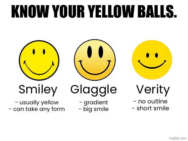 This information may save your life. | Know your yellow balls. Smiley    Glaggle      Verity; - usually yellow
- can take any form; - no outline
- short smile; - gradient
- big smile | image tagged in memes,smiley,glaggle,verity | made w/ Imgflip meme maker