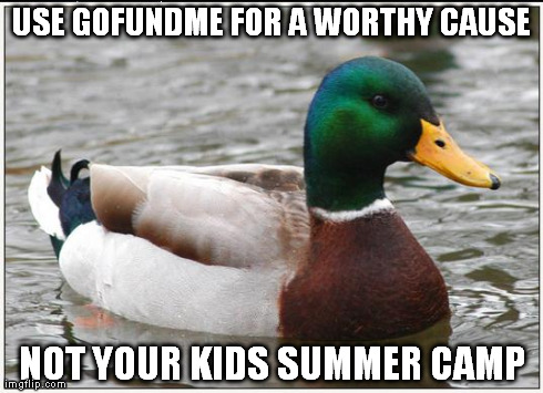 Actual Advice Mallard | USE GOFUNDME FOR A WORTHY CAUSE NOT YOUR KIDS SUMMER CAMP | image tagged in memes,actual advice mallard,AdviceAnimals | made w/ Imgflip meme maker