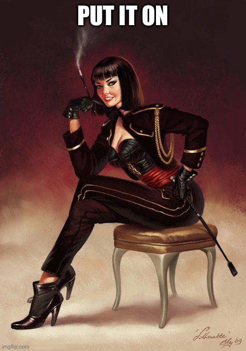 Put it on | image tagged in dominatrix | made w/ Imgflip meme maker