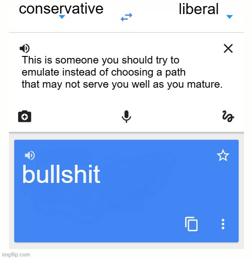 Google Translate | conservative; liberal; This is someone you should try to emulate instead of choosing a path that may not serve you well as you mature. bullshit | image tagged in google translate | made w/ Imgflip meme maker