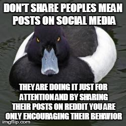 Angry Advice Mallard | DON'T SHARE PEOPLES MEAN POSTS ON SOCIAL MEDIA THEY ARE DOING IT JUST FOR ATTENTION AND BY SHARING THEIR POSTS ON REDDIT YOU ARE ONLY ENCOUR | image tagged in angry advice mallard | made w/ Imgflip meme maker