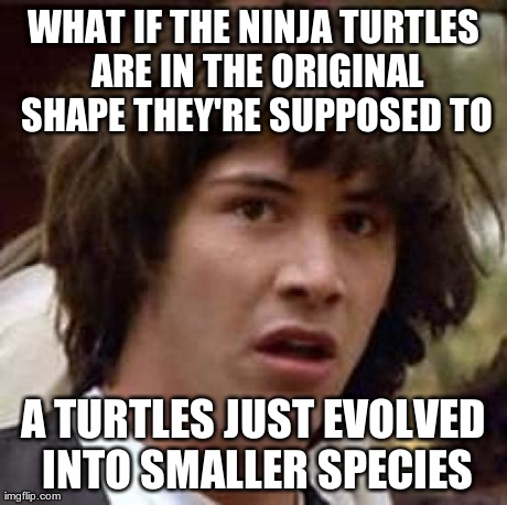 Conspiracy Keanu Meme | WHAT IF THE NINJA TURTLES ARE IN THE ORIGINAL SHAPE THEY'RE SUPPOSED TO A TURTLES JUST EVOLVED INTO SMALLER SPECIES | image tagged in memes,conspiracy keanu | made w/ Imgflip meme maker