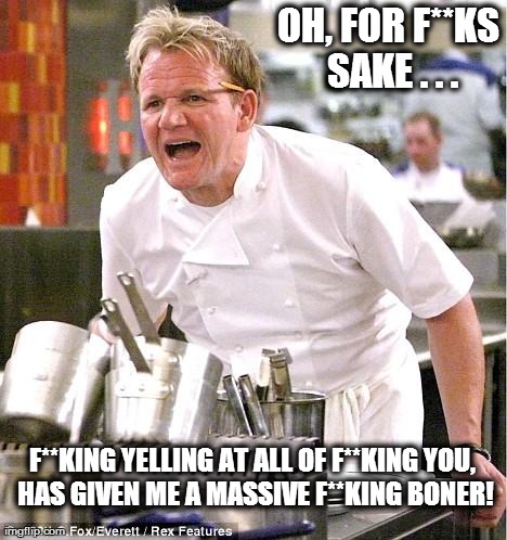 Chef Gordon Ramsay Meme | OH, FOR F**KS SAKE . . . F**KING YELLING AT ALL OF F**KING YOU, HAS GIVEN ME A MASSIVE F**KING BONER! | image tagged in memes,chef gordon ramsay | made w/ Imgflip meme maker