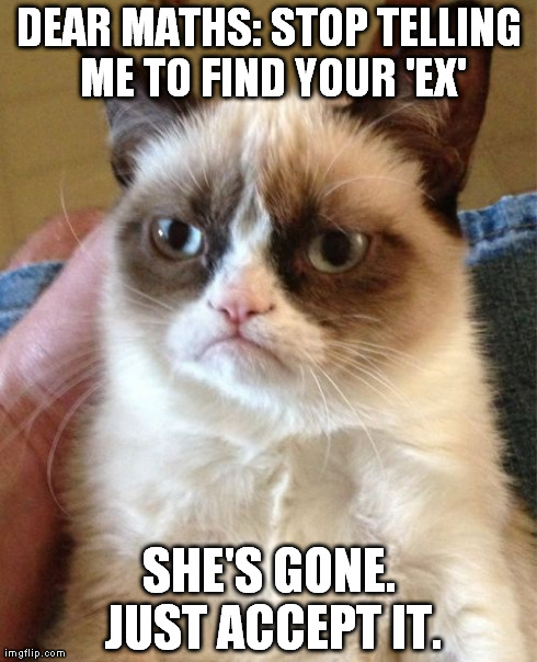 Grumpy Cat | DEAR MATHS: STOP TELLING ME TO FIND YOUR 'EX' SHE'S GONE. JUST ACCEPT IT. | image tagged in memes,grumpy cat | made w/ Imgflip meme maker