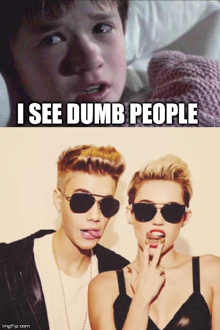 I see dumb people | I SEE DUMB PEOPLE | image tagged in dumb,bieber,cyrus | made w/ Imgflip meme maker