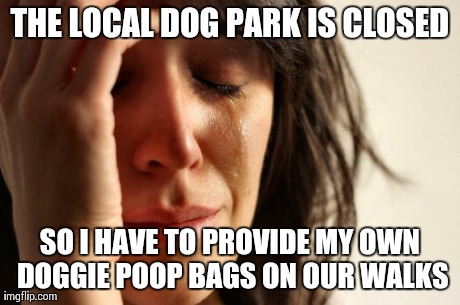 First World Problems Meme | THE LOCAL DOG PARK IS CLOSED SO I HAVE TO PROVIDE MY OWN DOGGIE POOP BAGS ON OUR WALKS | image tagged in memes,first world problems | made w/ Imgflip meme maker