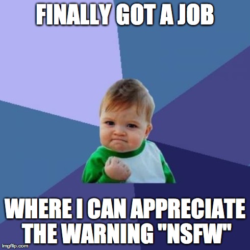 Success Kid Meme | FINALLY GOT A JOB WHERE I CAN APPRECIATE THE WARNING "NSFW" | image tagged in memes,success kid,funny | made w/ Imgflip meme maker