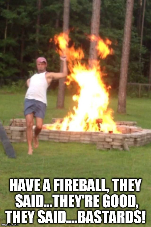 Fireball fun | HAVE A FIREBALL, THEY SAID...THEY'RE GOOD, THEY SAID....BA***RDS! | image tagged in fire | made w/ Imgflip meme maker