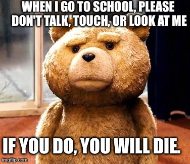 TED Meme | WHEN I GO TO SCHOOL, PLEASE DON'T TALK, TOUCH, OR LOOK AT ME IF YOU DO, YOU WILL DIE. | image tagged in memes,ted | made w/ Imgflip meme maker