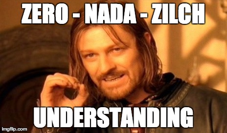 One Does Not Simply Meme | ZERO - NADA - ZILCH UNDERSTANDING | image tagged in memes,one does not simply | made w/ Imgflip meme maker