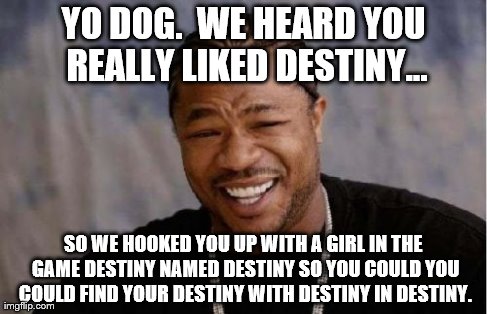 Yo Dawg Heard You Meme | YO DOG.  WE HEARD YOU REALLY LIKED DESTINY... SO WE HOOKED YOU UP WITH A GIRL IN THE GAME DESTINY NAMED DESTINY SO YOU COULD YOU COULD FIND  | image tagged in memes,yo dawg heard you | made w/ Imgflip meme maker
