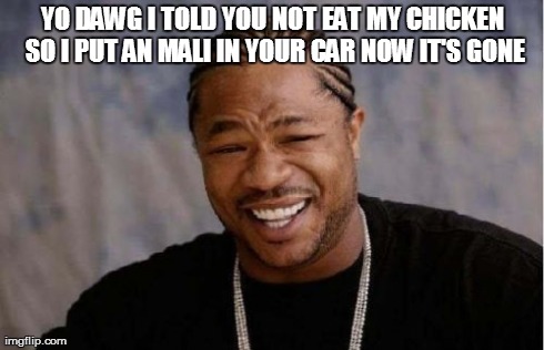 Yo Dawg Heard You | YO DAWG I TOLD YOU NOT EAT MY CHICKEN SO I PUT AN MALI IN YOUR CAR NOW IT'S GONE | image tagged in memes,yo dawg heard you | made w/ Imgflip meme maker