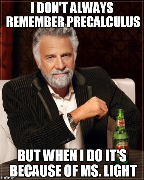 The Most Interesting Man In The World | I DON'T ALWAYS REMEMBER PRECALCULUS BUT WHEN I DO IT'S BECAUSE OF MS. LIGHT | image tagged in memes,the most interesting man in the world | made w/ Imgflip meme maker
