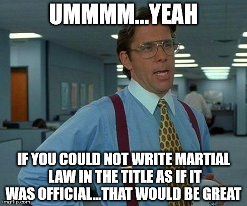 That Would Be Great Meme | UMMMM...YEAH IF YOU COULD NOT WRITE MARTIAL LAW IN THE TITLE AS IF IT WAS OFFICIAL...THAT WOULD BE GREAT | image tagged in memes,that would be great | made w/ Imgflip meme maker