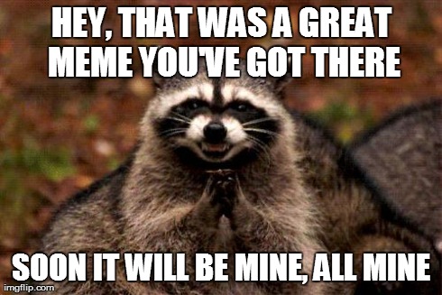 Your Meme Is Mine | HEY, THAT WAS A GREAT MEME YOU'VE GOT THERE SOON IT WILL BE MINE, ALL MINE | image tagged in memes,evil plotting raccoon,you're mine,animals,funny,notfunny | made w/ Imgflip meme maker