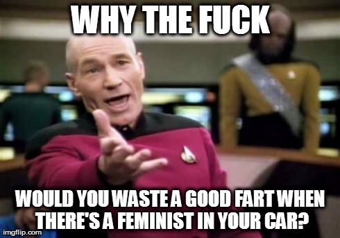 Picard Wtf Meme | WHY THE F**K WOULD YOU WASTE A GOOD FART WHEN THERE'S A FEMINIST IN YOUR CAR? | image tagged in memes,picard wtf | made w/ Imgflip meme maker