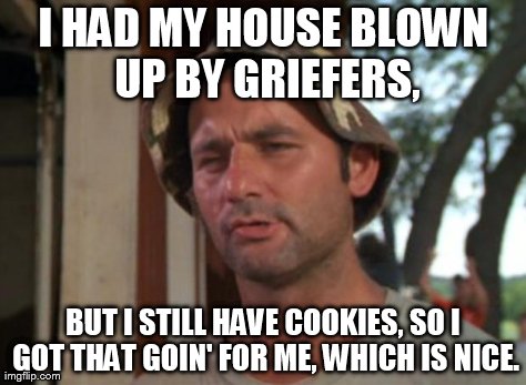 So I Got That Goin For Me Which Is Nice Meme | I HAD MY HOUSE BLOWN UP BY GRIEFERS, BUT I STILL HAVE COOKIES, SO I GOT THAT GOIN' FOR ME, WHICH IS NICE. | image tagged in memes,so i got that goin for me which is nice | made w/ Imgflip meme maker