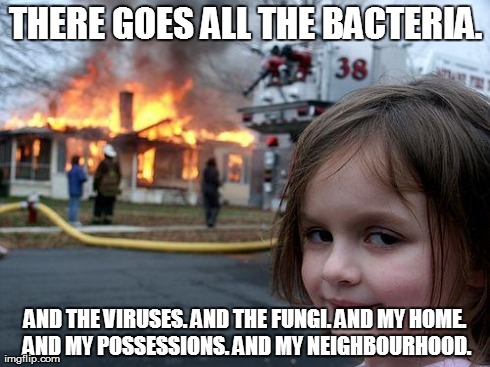 Disaster Girl Meme | THERE GOES ALL THE BACTERIA. AND THE VIRUSES. AND THE FUNGI. AND MY HOME. AND MY POSSESSIONS. AND MY NEIGHBOURHOOD. | image tagged in memes,disaster girl | made w/ Imgflip meme maker